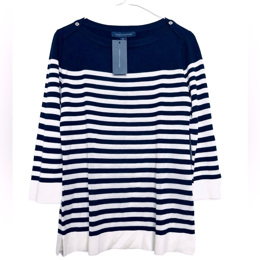 NWT Tommy Hilfiger Navy and White Striped Boat Neck Sweater w/Gold Buttons Small